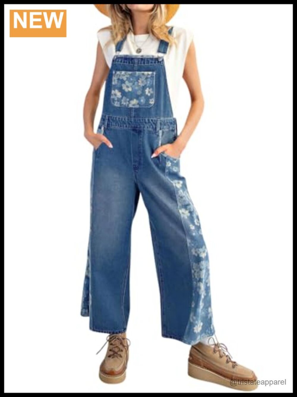 ebossy Cotton Floral Denim Jumpsuit Adjustable Straps Wide Leg Pockets